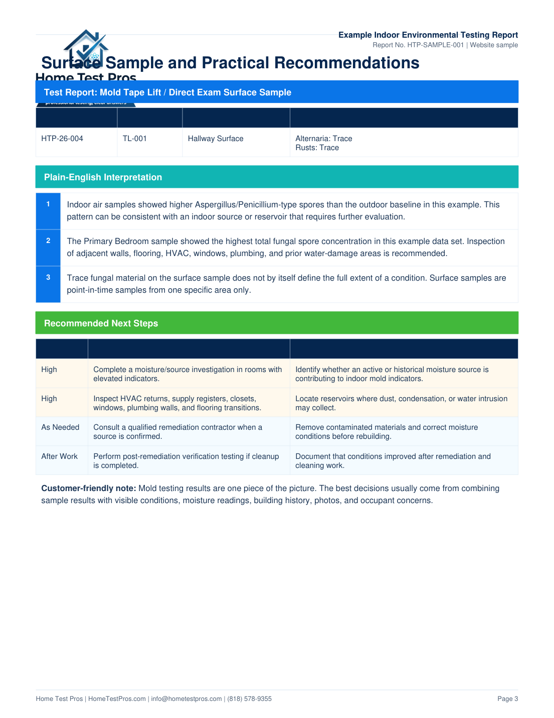 Page 3 — Surface & Next Steps of the Home Test Pros sample report